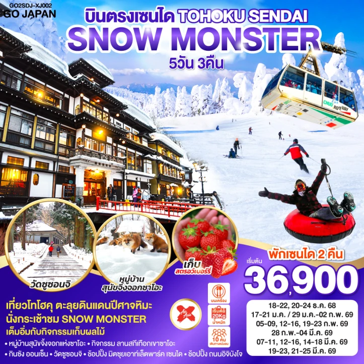 ทัวร์ญี่ปุ่น โทโฮคุ เซนได SNOW MONSTER 5วัน 3คืน บิน Thai AirAsia X (XJ)