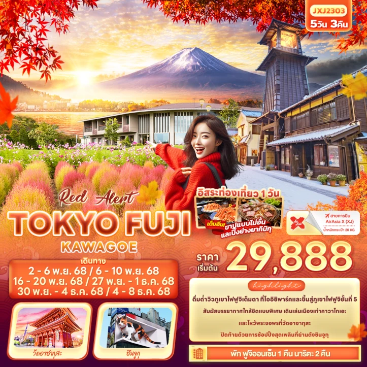 ทัวร์ ญี่ปุ่น ทัวร์ญี่ปุ่น โตเกียว ใบไม้เปลี่ยนสี ฟูจิ คาวาโกเอะ 5วัน 3คืน บิน Thai AirAsiaX (XJ)
