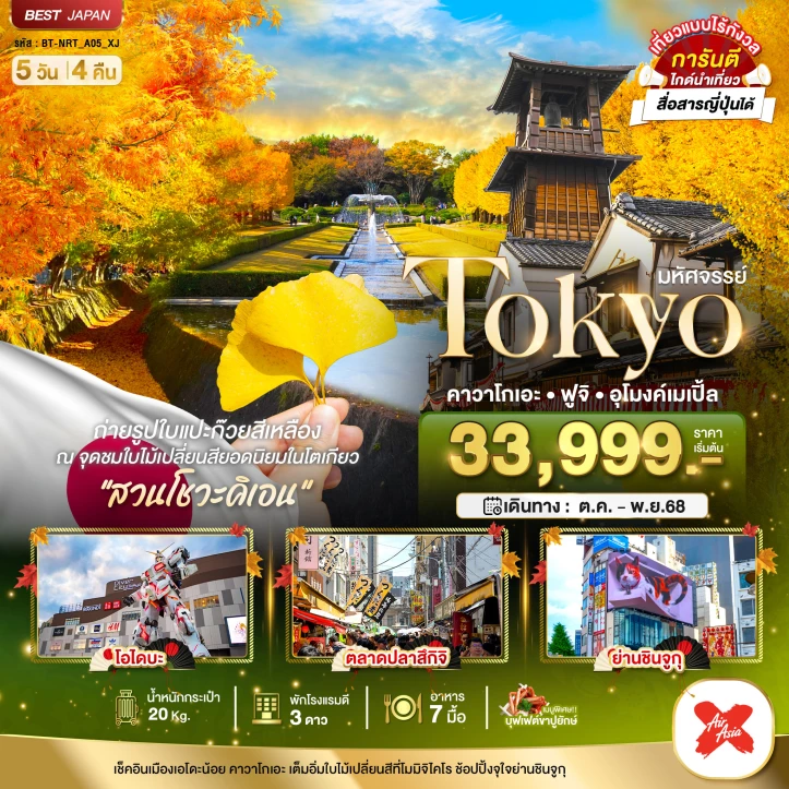 ทัวร์ ญี่ปุ่น ทัวร์ญี่ปุ่น โตเกียว คาวาโกเอะ ฟูจิ อุโมงค์เมเปิ้ล 5วัน 4คืน บิน Thai AirAsiaX (XJ)