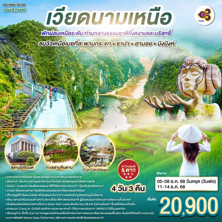 ทัวร์ เวียดนาม ทัวร์เวียดนามเหนือ ซาปา ฮานอย นิงบิงห์ 4วัน 3คืน บิน Thai Airways (TG)