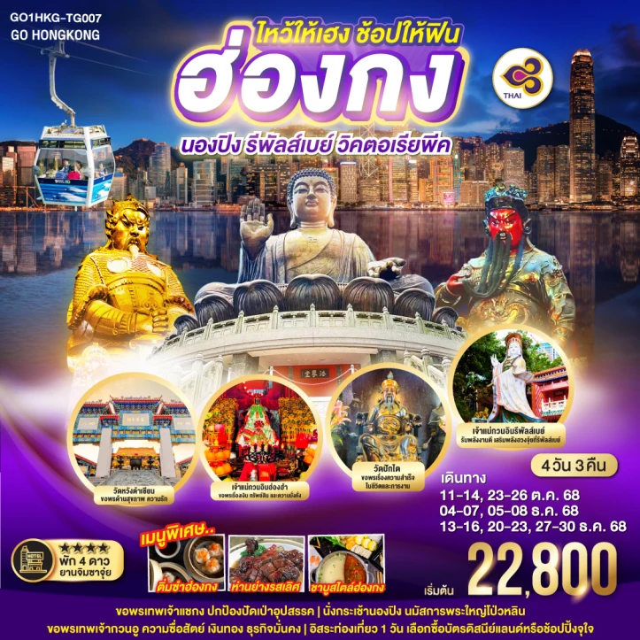 ทัวร์ฮ่องกง ไหว้ให้เฮง ช้อปให้ฟิน นองปิง รีพัลส์เบย์ วิคตอเรียพีค 4วัน 3คืน โดย Thai Airways (TG)