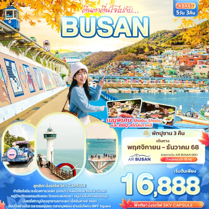 ทัวร์ เกาหลีใต้ ทัวร์เกาหลี เที่ยวปูซาน สุดชิคนั่งรถไฟ Sky Capsule 5วัน 3คืน บิน Air Busan (BX)