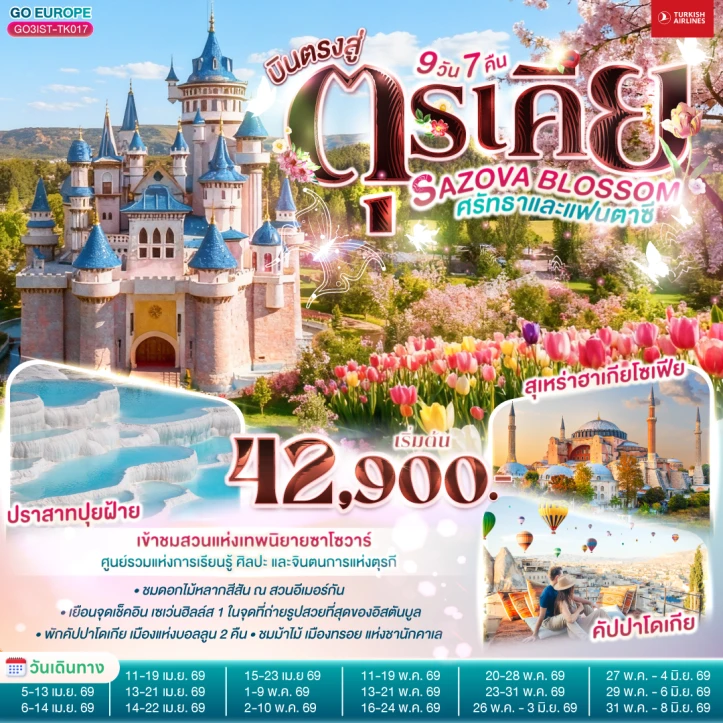 ทัวร์ ตุรเคีย ทัวร์ตุรเคีย ปราสาทปุยฝ้าย คัปปาโดเกีย สุเหร่าฮาเกียโซเฟีย 9วัน 7คืน