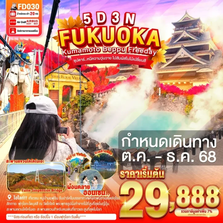 ทัวร์ ญี่ปุ่น ทัวร์ญี่ปุ่น ฟุกุโอกะ คุมาโมโตะ BEPPU FREEDAY 5วัน 3คืน