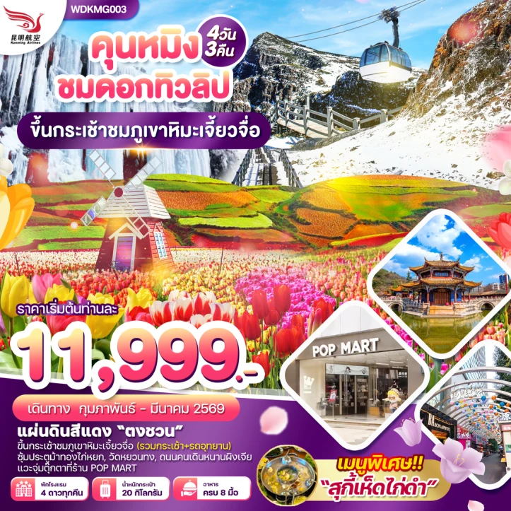 ทัวร์ จีน ทัวร์จีน คุนหมิง ภูเขาหิมะเจี๋ยวจื่อ แผ่นดินสีแดง ชมสวนทิวลิป 4วัน 3คืน