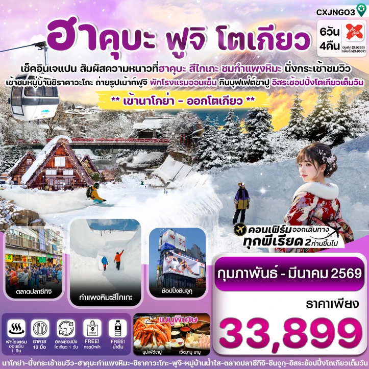 ทัวร์ญี่ปุ่น ฮาคุบะ กำแพงหิมะ สึไกเกะ ฟูจิ โตเกียว มีฟรีเดย์ 6วัน 4คืน