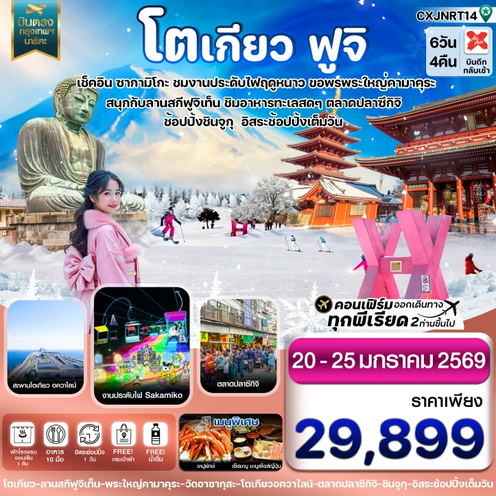 ทัวร์ ญี่ปุ่น ทัวร์ญี่ปุ่น โตเกียว ลานสกีฟูจิเท็น งานประดับไฟ มีฟรีเดย์ 6วัน 4คืน