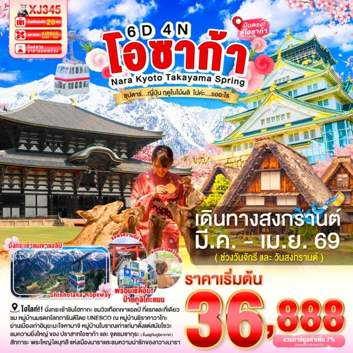 ทัวร์ญี่ปุ่น โอซาก้า ซากุระ นารา เกียวโต ทาคายาม่า 6วัน 4คืน