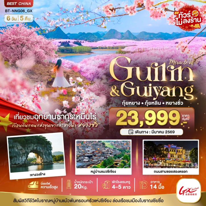 ทัวร์ จีน ทัวร์จีน หนานหนิง กุ้ยหยาง สวนซากุระหมื่นไร่ผิงป้า 6วัน 5คืน