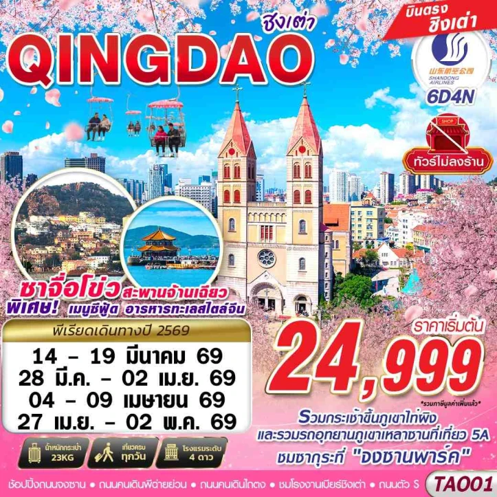 ทัวร์จีน บินตรง ชิงเต่า ซากุระ ซาจื่อโข่ว สะพานจ้านเฉียว ไม่ลงร้าน 6วัน 4คืน