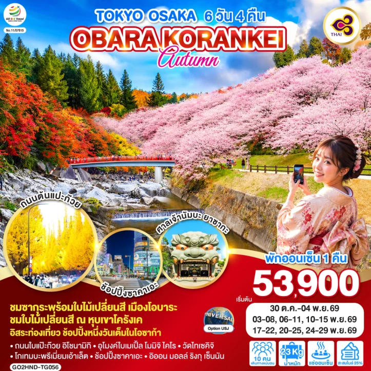 ทัวร์ญี่ปุ่น TOKYO OSAKA OBARA KORANKEI AUTUMN 6วัน 4คืน