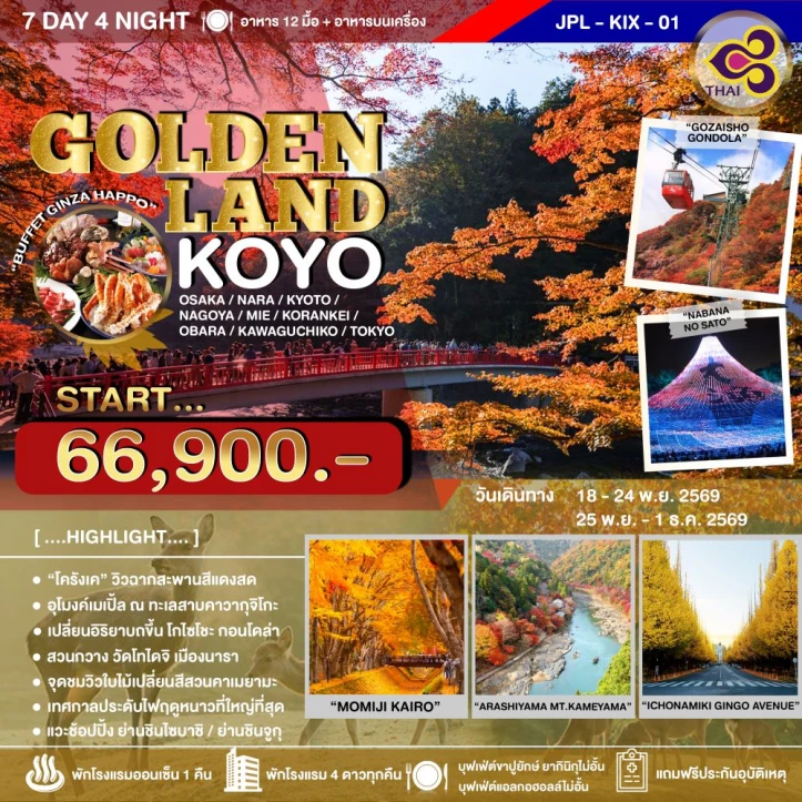 ทัวร์ญี่ปุ่น GOLDENLAND KOYO เช็คอินจุดชมใบไม้เปลี่ยนสี คันไซ โตเกียว 7วัน 4คืน