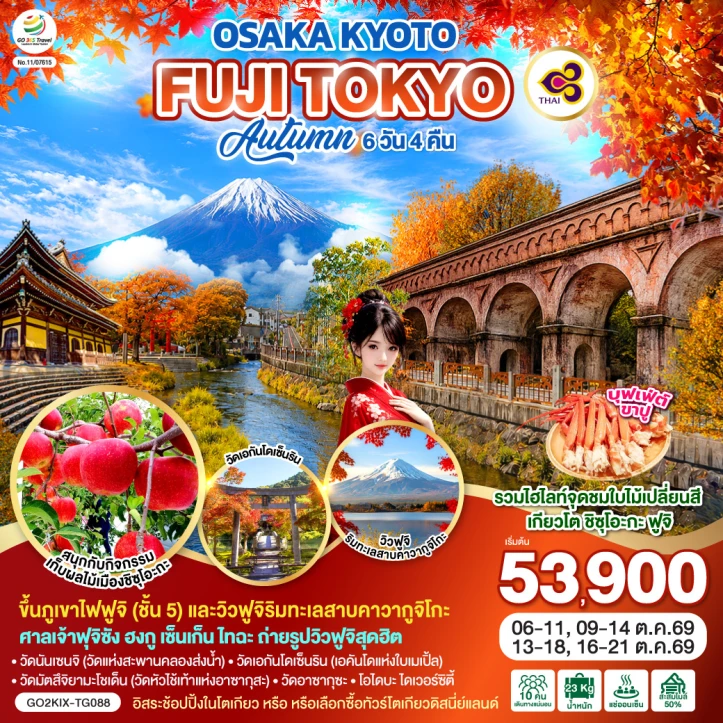 ทัวร์ญี่ปุ่น Autumn OSAKA KYOTO FUJI TOKYO FRUIT PARK 6วัน 4คืน