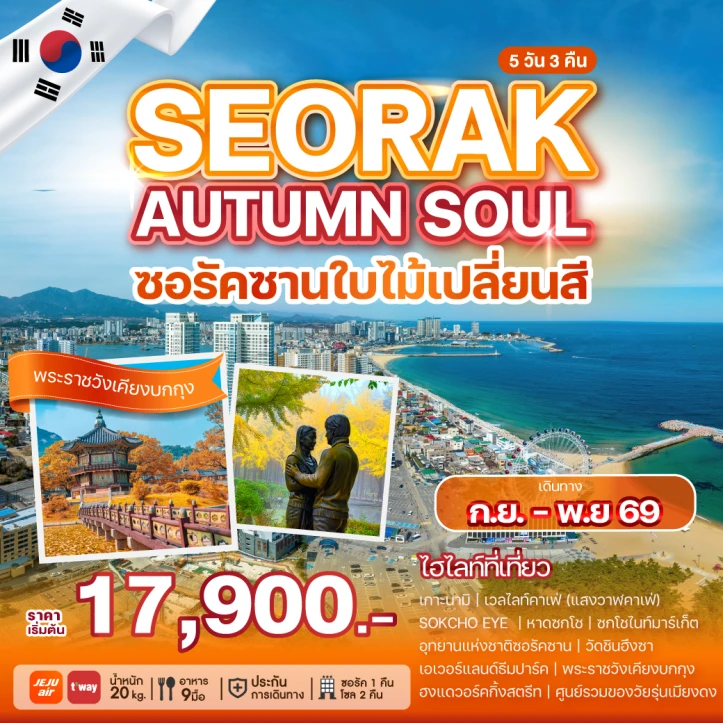 ทัวร์เกาหลี โซล ซอรัคซาน เกาะนามิ รวมบัตรสวนสนุกเอเวอร์แลนด์ Autumn 5วัน 3คืน