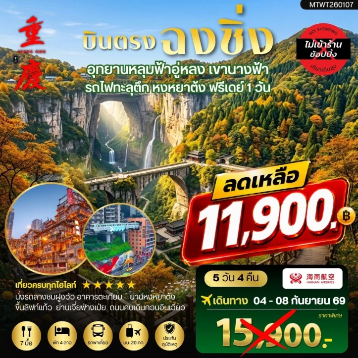 รูปแพ็กเกจทัวร์ ทัวร์จีน บินตรงฉงชิ่ง อุทยานหลุมฟ้าอู่หลง เขานางฟ้า รถไฟทะลุตึก หงหยาต้ง (ฟรีเดย์ 1วัน) 5วัน 4คืน