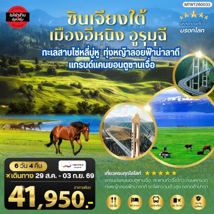 ทัวร์ จีน ทัวร์จีน ซินเจียงใต้ ตู๋ซานจื่อ ทะเลสาบไซ่หลี่มู่หู ทุ่งหญ้าลอยฟ้าน่าลาถี เมืองอีหนิง ตลาดต้าปาจา เมืองอูรุมุฉี 6 วัน 4 คืน