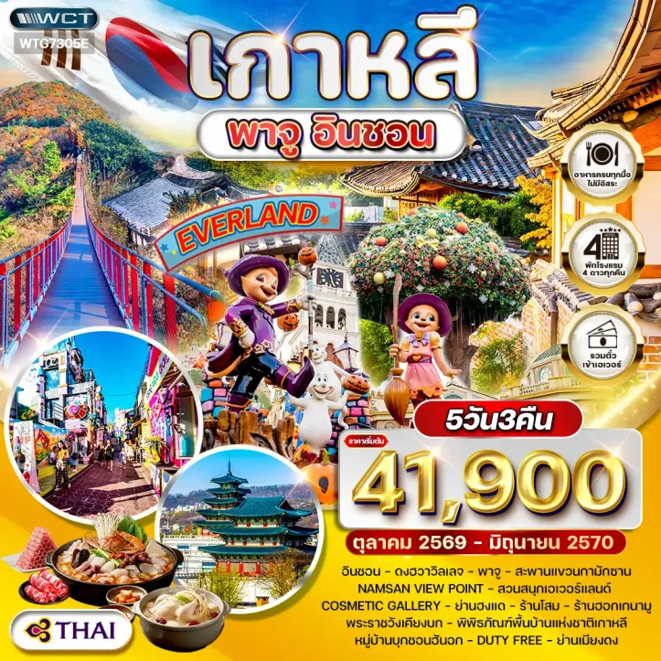 ทัวร์เกาหลีใต้ พาจู อินชอน สวนสนุก EVERLAND Namsan View Point 5วัน 3คืน