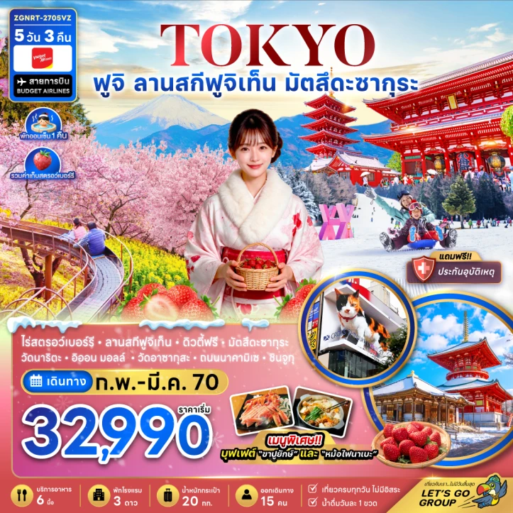 ทัวร์ญี่ปุ่น โตเกียว ฟูจิ ลานสกีฟุจิเท็น มัตสึดะซากุระ เก็บสตรอว์เบอร์รี่ 5วัน 3คืน