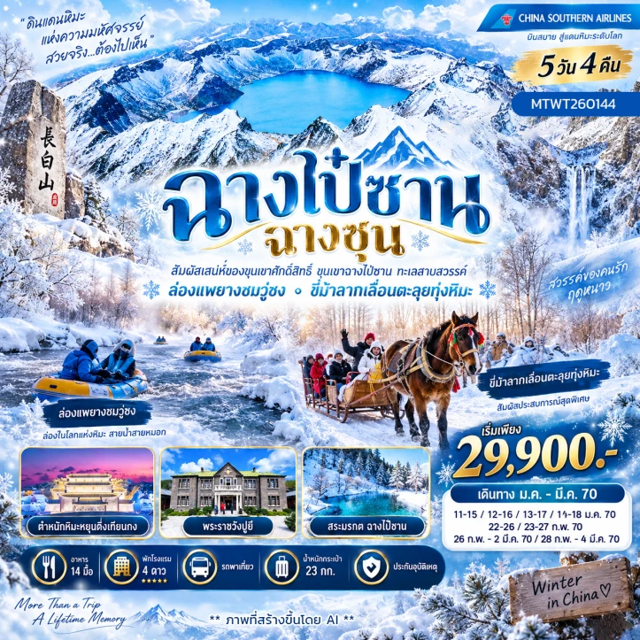 รูปแพ็กเกจทัวร์ ทัวร์จีน ฉางไป๋ซาน ล่องแพยางชมเกล็ดหิมะวู่ซง ขี่ม้าลากเลื่อนเหล่าหลี่เค่อหู 5วัน 4คืน