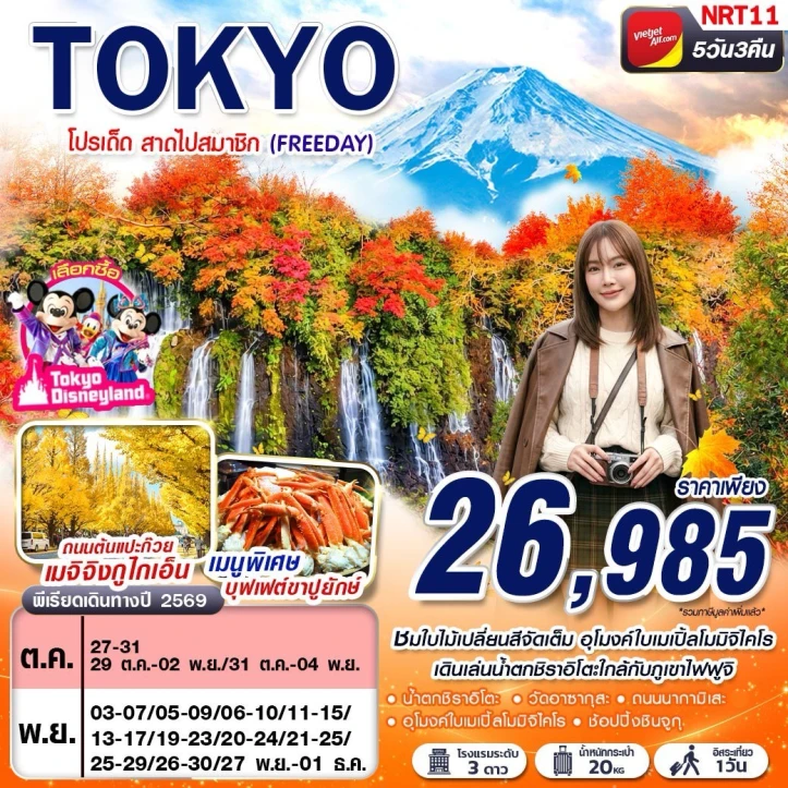 ทัวร์ญี่ปุ่น AUTUMN TOKYO อุโมงค์ใบเมเปิ้ลโมมิจิไคโร (มีฟรีเดย์) 5วัน 3คืน