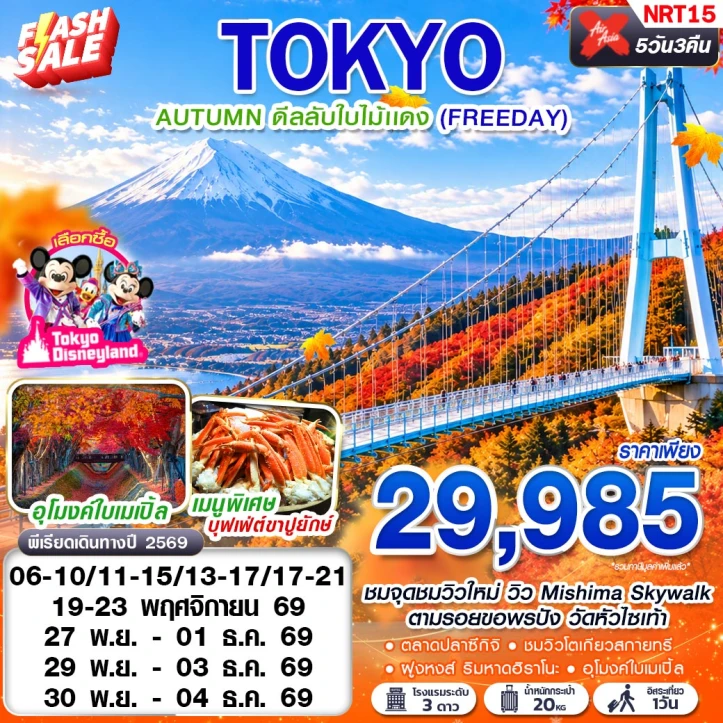 รูปแพ็กเกจทัวร์ ทัวร์ญี่ปุ่น TOKYO AUTUMN ชมใบไม้เปลี่ยนสีอุโมงค์เมเปิ้ล (FREEDAY) 5วัน 3คืน